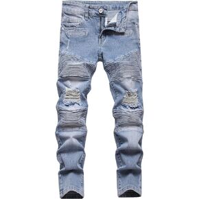 Boy's Biker Skinny Fit Ripped Destroyed Distressed Stretch Stylish Fashion Moto Denim Jeans Pants