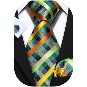 Barry.Wang Mens Tie Set Plaid Check Neckties Formal Business Wedding Luxury Pocket Square Cufflinks