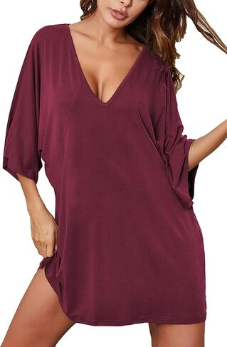Ekouaer Women's Sleepshirt Deep V Neck Nightgown Batwing Nightshirt Oversized Sleepwear S-4XL in Saudi Arabia