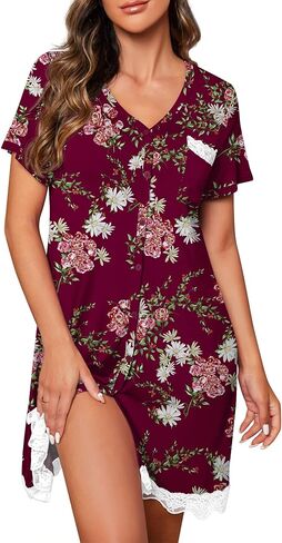 PrinStory Women's Nightgown Short Sleeve Nightshirt Button Down Sleepshirt Casual Sleepwear in Saudi Arabia