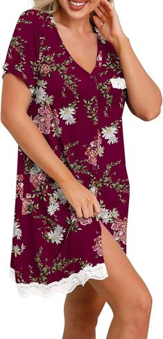 PrinStory Women's Nightgown Short Sleeve Nightshirt Button Down Sleepshirt Casual Sleepwear in Saudi Arabia