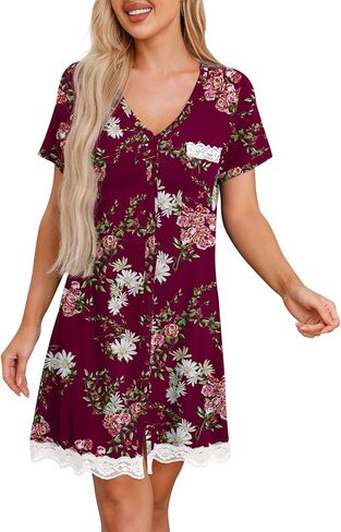 PrinStory Women's Nightgown Short Sleeve Nightshirt Button Down Sleepshirt Casual Sleepwear in Saudi Arabia