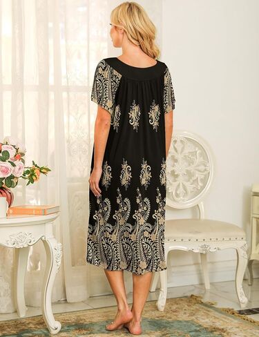 فساتين Bloggerlove House للنساء مع جيوب Mumu Duster Housecoat فستان فناء قصير الأكمام S-XXL in Kuwait