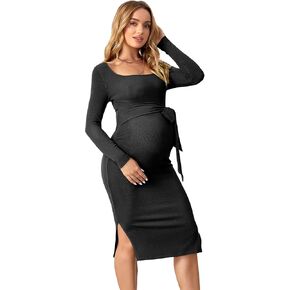 OYOANGLE Women's Maternity Rib Knit Split Hem Knot Front Square Neck Long Sleeve Bodycon Midi Dress