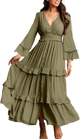 Amegoya Women's V Neck Long Sleeve Boho Maxi Dress Summer Wedding Guest Long Flowy Engagement Dresses in Saudi Arabia