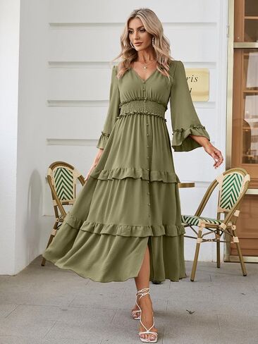 Amegoya Women's V Neck Long Sleeve Boho Maxi Dress Summer Wedding Guest Long Flowy Engagement Dresses in Saudi Arabia