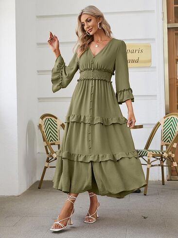 Amegoya Women's V Neck Long Sleeve Boho Maxi Dress Summer Wedding Guest Long Flowy Engagement Dresses in Saudi Arabia