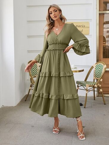 Amegoya Women's V Neck Long Sleeve Boho Maxi Dress Summer Wedding Guest Long Flowy Engagement Dresses in Saudi Arabia