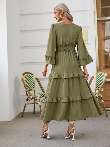 Amegoya Women's V Neck Long Sleeve Boho Maxi Dress Summer Wedding Guest Long Flowy Engagement Dresses in Saudi Arabia