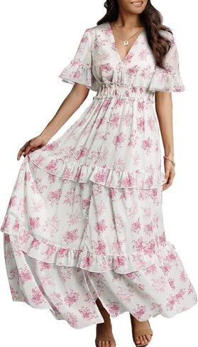Amegoya Women's V Neck Long Sleeve Boho Maxi Dress Summer Wedding Guest Long Flowy Engagement Dresses in Saudi Arabia