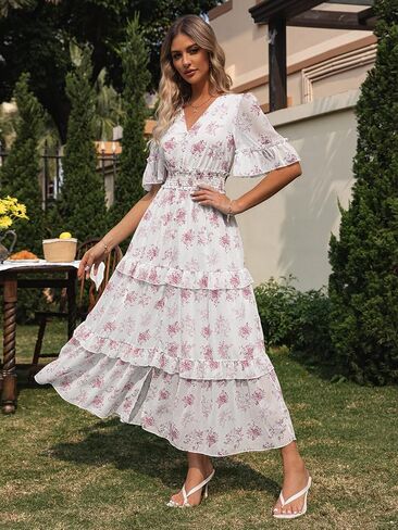 Amegoya Women's V Neck Long Sleeve Boho Maxi Dress Summer Wedding Guest Long Flowy Engagement Dresses in Saudi Arabia