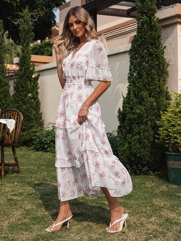 Amegoya Women's V Neck Long Sleeve Boho Maxi Dress Summer Wedding Guest Long Flowy Engagement Dresses in Saudi Arabia
