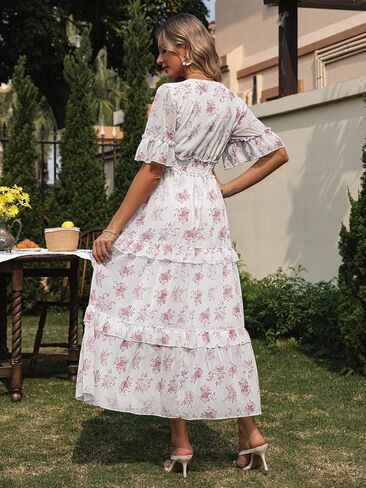 Amegoya Women's V Neck Long Sleeve Boho Maxi Dress Summer Wedding Guest Long Flowy Engagement Dresses in Saudi Arabia