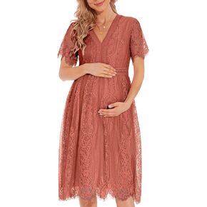 Boho Lace V Neck Maternity Midi Dress/Empire Waist Maternity Dress Baby Shower Summer in Saudi Arabia