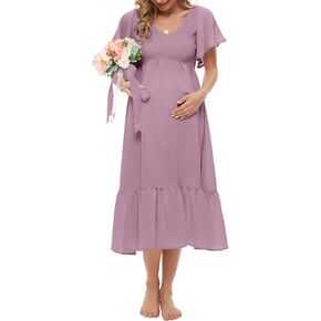 KIM S Boho Flutter Short Sleeve Maternity Dress(S-2XL)/V-Neck Smocked Midi Dresses Baby Shower Casual