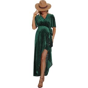 Ribbed Velvet Maternity Wrap Dress with Belt/Flowy Slit Maxi Dress Photoshoot Wedding Guest