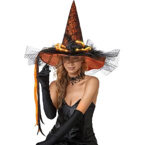 Toiyason Halloween Women Witch Hat with LED Lights Costume Gauze Feathers Spiders Decoration for Festival Carnival Party