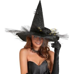 Toiyason Halloween Women Witch Hat with LED Lights Costume Gauze Feathers Spiders Decoration for Festival Carnival Party