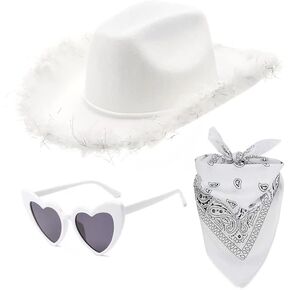 White Cowgirl Hat Feather Boa with Heart Sunglasses Bandana Women Rodeo Western Cowboy Hats Bachelorette Costume Cosplay Country Party Dress-Up in Kuwait