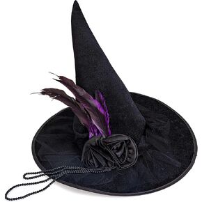 Skeleteen Deluxe Pointed Witch Hat - Glamorous Black Witches Accessories Fancy Velvet Hat with Flowers, Beads and Purple Feathers