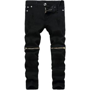 Kihatwin Big Boy's Casual Skinny Ripped Jeans Slim Fit Distressed Zipper Pants with Holes