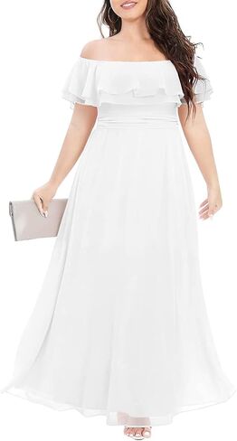 Pinup Fashion Plus Size Formal Bridesmaid Wedding Guest Chiffon Long Dress | Chiffon, off-the-shoulder neckline, layered ruffles, ruched elastic waist, floor-length, evening party, wedding guest in Saudi Arabia