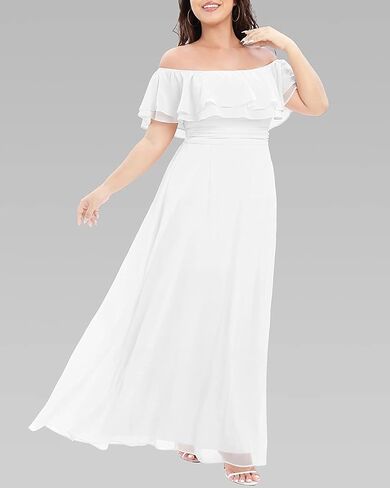 Pinup Fashion Plus Size Formal Bridesmaid Wedding Guest Chiffon Long Dress | Chiffon, off-the-shoulder neckline, layered ruffles, ruched elastic waist, floor-length, evening party, wedding guest in Saudi Arabia