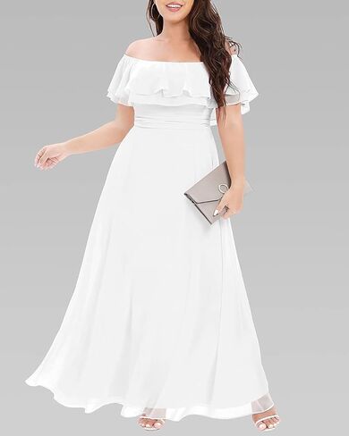 Pinup Fashion Plus Size Formal Bridesmaid Wedding Guest Chiffon Long Dress | Chiffon, off-the-shoulder neckline, layered ruffles, ruched elastic waist, floor-length, evening party, wedding guest in Saudi Arabia