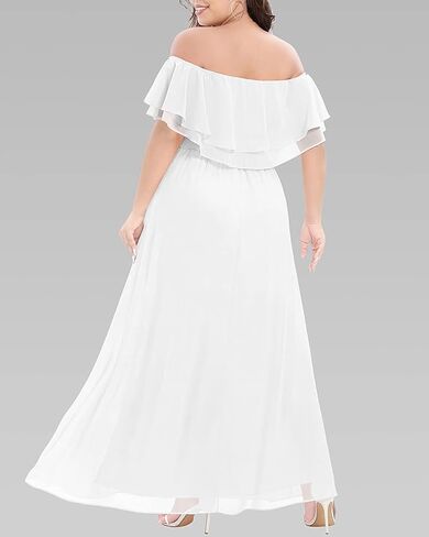 Pinup Fashion Plus Size Formal Bridesmaid Wedding Guest Chiffon Long Dress | Chiffon, off-the-shoulder neckline, layered ruffles, ruched elastic waist, floor-length, evening party, wedding guest in Saudi Arabia