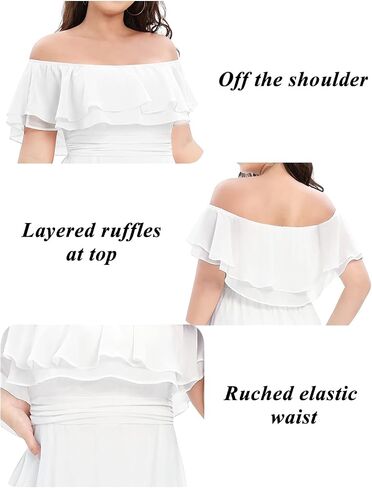 Pinup Fashion Plus Size Formal Bridesmaid Wedding Guest Chiffon Long Dress | Chiffon, off-the-shoulder neckline, layered ruffles, ruched elastic waist, floor-length, evening party, wedding guest in Saudi Arabia