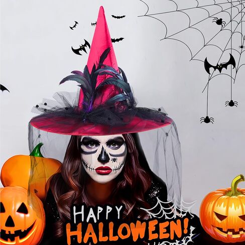 Goetland Deluxe Witch Hat for Women Halloween Witch Hat with Veils Spiders Feathers Party Carnival Christmas Cosplay in Saudi Arabia