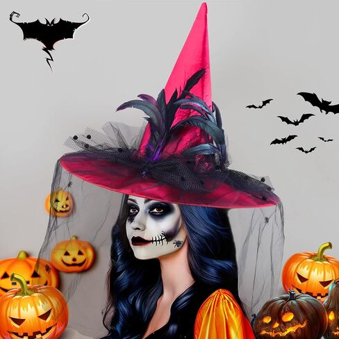 Goetland Deluxe Witch Hat for Women Halloween Witch Hat with Veils Spiders Feathers Party Carnival Christmas Cosplay in Saudi Arabia