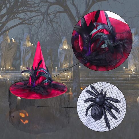 Goetland Deluxe Witch Hat for Women Halloween Witch Hat with Veils Spiders Feathers Party Carnival Christmas Cosplay in Saudi Arabia