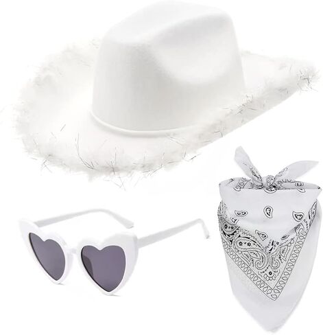 White Cowgirl Hat Feather Boa with Heart Sunglasses Bandana Women Rodeo Western Cowboy Hats Bachelorette Costume Cosplay Country Party Dress-Up in Kuwait