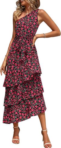PRETTYGARDEN Women's Summer Floral Sundress Casual One Shoulder Tiered Ruffle Flowy Midi Beach Boho Dresses in Saudi Arabia