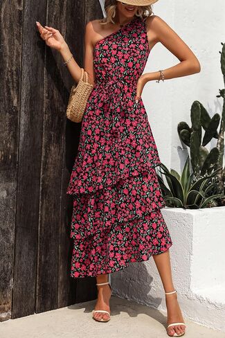 PRETTYGARDEN Women's Summer Floral Sundress Casual One Shoulder Tiered Ruffle Flowy Midi Beach Boho Dresses in Saudi Arabia