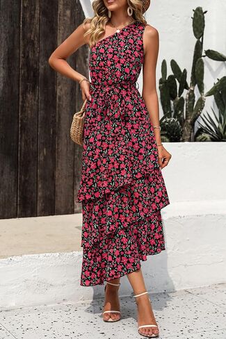 PRETTYGARDEN Women's Summer Floral Sundress Casual One Shoulder Tiered Ruffle Flowy Midi Beach Boho Dresses in Saudi Arabia