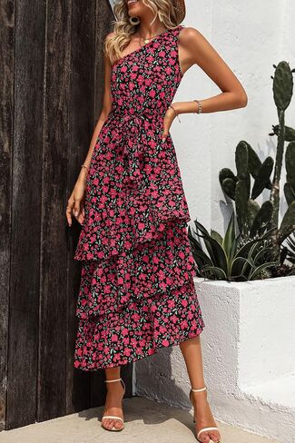 PRETTYGARDEN Women's Summer Floral Sundress Casual One Shoulder Tiered Ruffle Flowy Midi Beach Boho Dresses in Saudi Arabia