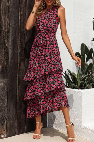 PRETTYGARDEN Women's Summer Floral Sundress Casual One Shoulder Tiered Ruffle Flowy Midi Beach Boho Dresses in Saudi Arabia