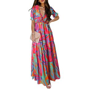 BLENCOT Women's Casual Boho Floral Printed Deep V Neck Dress in Saudi Arabia