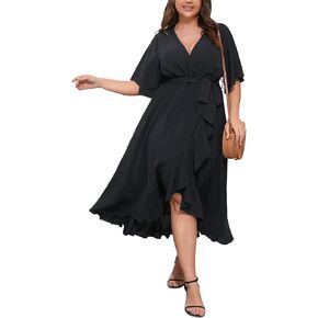 SCOMCHIC Women Plus Size Maxi Dress Short Sleeve Wrap V Neck High Low Split Ruffle Long Dress in Saudi Arabia