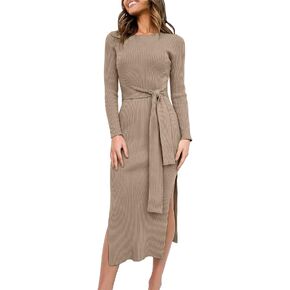 ANRABESS Women's 2023 Fall Elegant Sweater Dress Long Sleeve Crewneck Tie Waist Slim Rib Knit Slit Bodycon Midi Dress in Saudi Arabia
