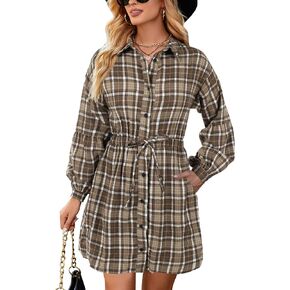 Blooming Jelly Womens Plaid Dress Flannel Puff Sleeve Dress Button Down Casual Dresses for Women 2023 with Pockets in Kuwait