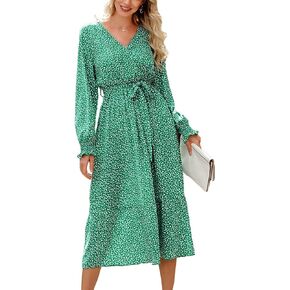 PRETTYGARDEN Women's Floral Print Boho Dress Long Sleeve Wrap V Neck Ruffle Belted A-Line Flowy Maxi Dresses in Kuwait