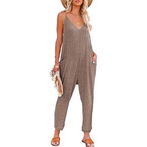 AlvaQ Jumpsuits for Women Casual Fall Clothes Sleeveless Loose Spaghetti Strap Overalls Jumpers with Pockets 2023