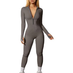 OQQ Women Yoga Jumpsuits Workout Ribbed Long Sleeve Zip Front Sport Jumpsuits in Kuwait