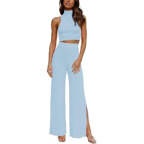 ARTFREE Womens 2 Piece Outfits Sets Casual Sweatsuits Streetwear, Ribbed Knit Palazzo Wide Leg Pants and Cropped Tops