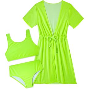 Girls 3 Piece Swimsuit Cute Bikini Bathing Suit Quick Dry Swimwear Sun Protection Cover-Up Sets 5-12 Years