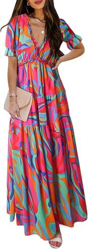 BLENCOT Women's Casual Boho Floral Printed Deep V Neck Dress in Kuwait