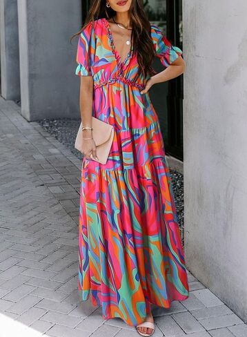 BLENCOT Women's Casual Boho Floral Printed Deep V Neck Dress in Kuwait